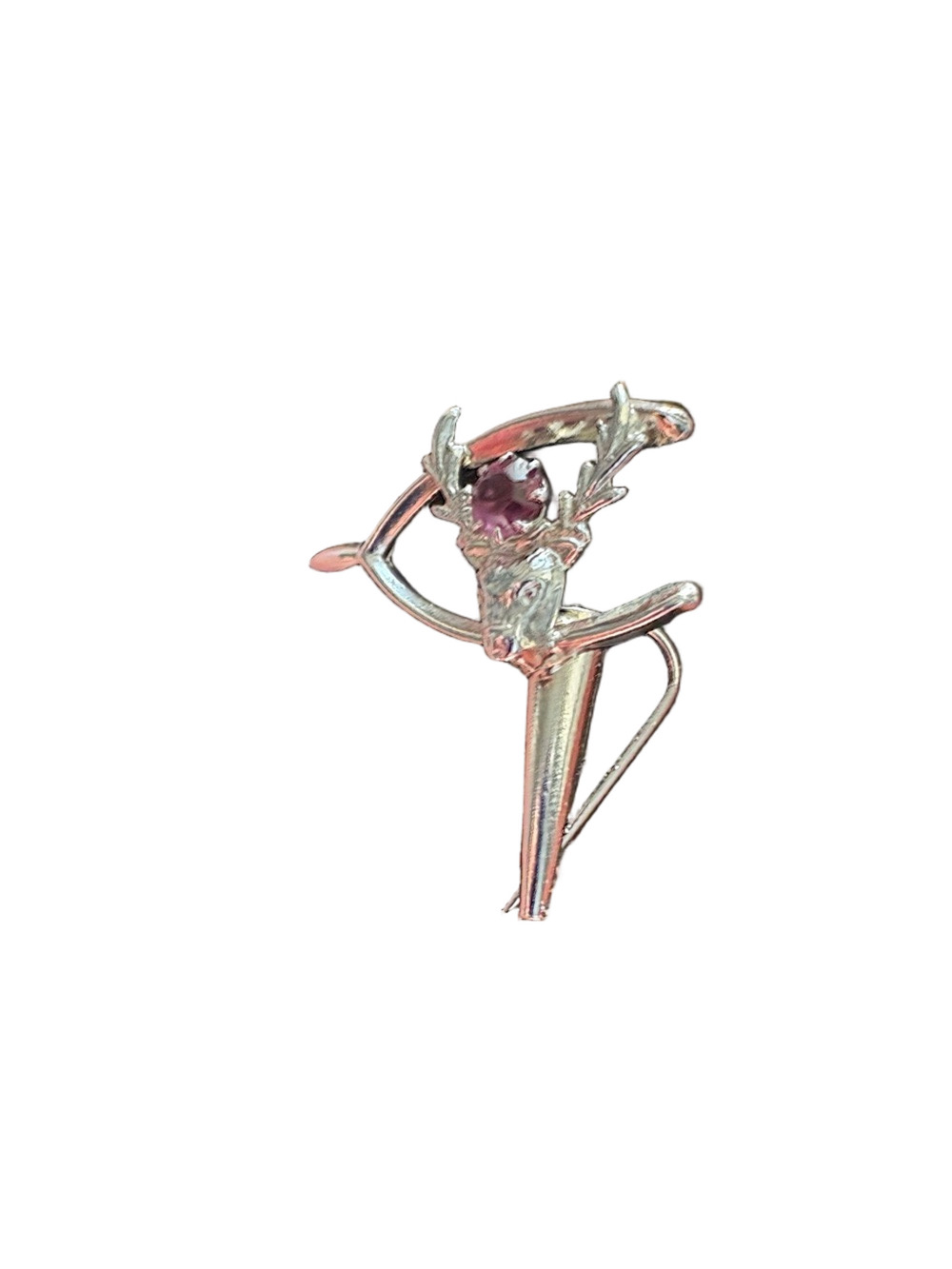 Vintage Scottish Stag And Wishbone Silver Tone Purple Glass Stone Brooch